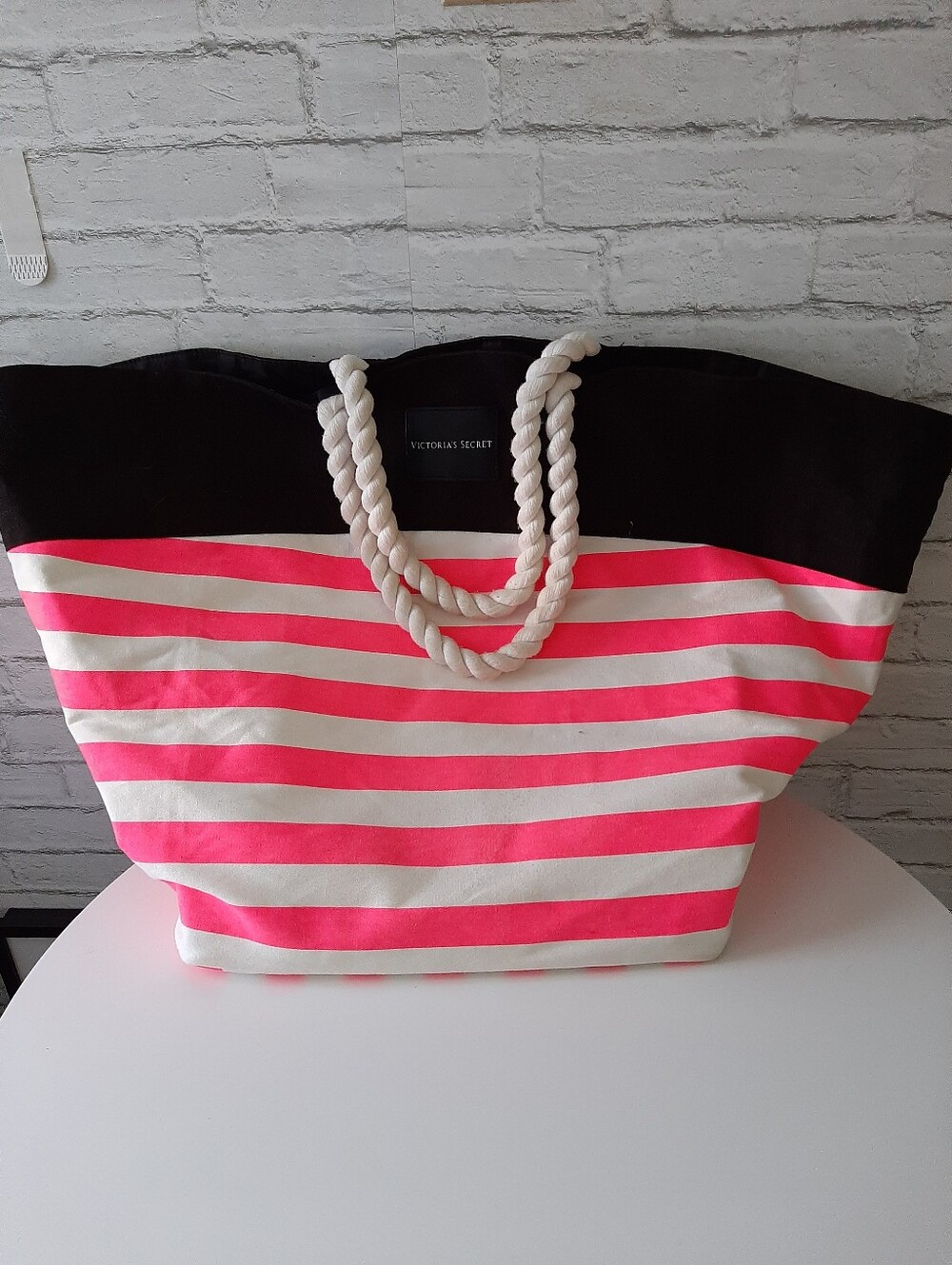 Victoria's Secret Hot Pink, White & Black Striped Canvas Tote